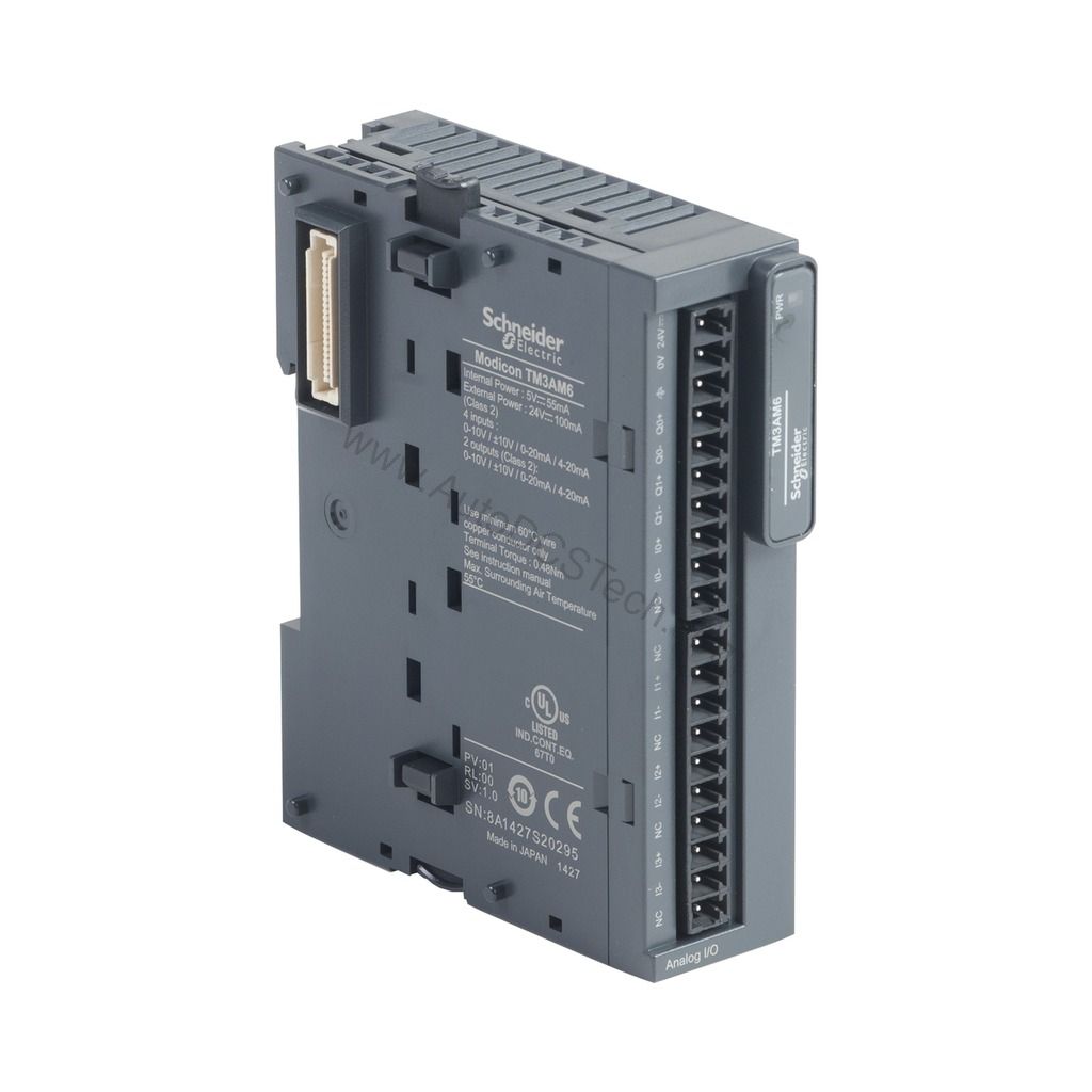 Figure 2: Technical layout and connection details for the Schneider Electric TM3AM6 industrial automation component.