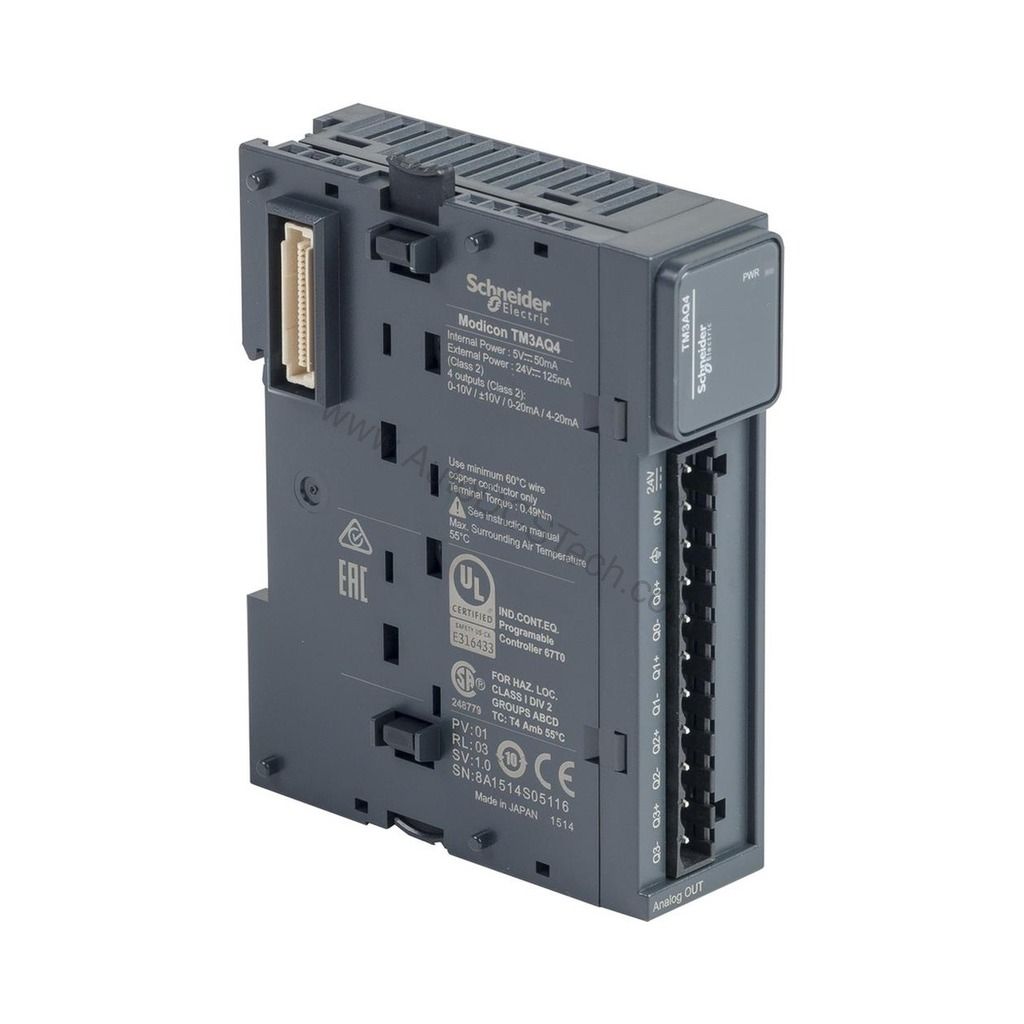 Figure 1: Front view of the Schneider Electric TM3AQ4 industrial automation component showing its physical design and enclosure.