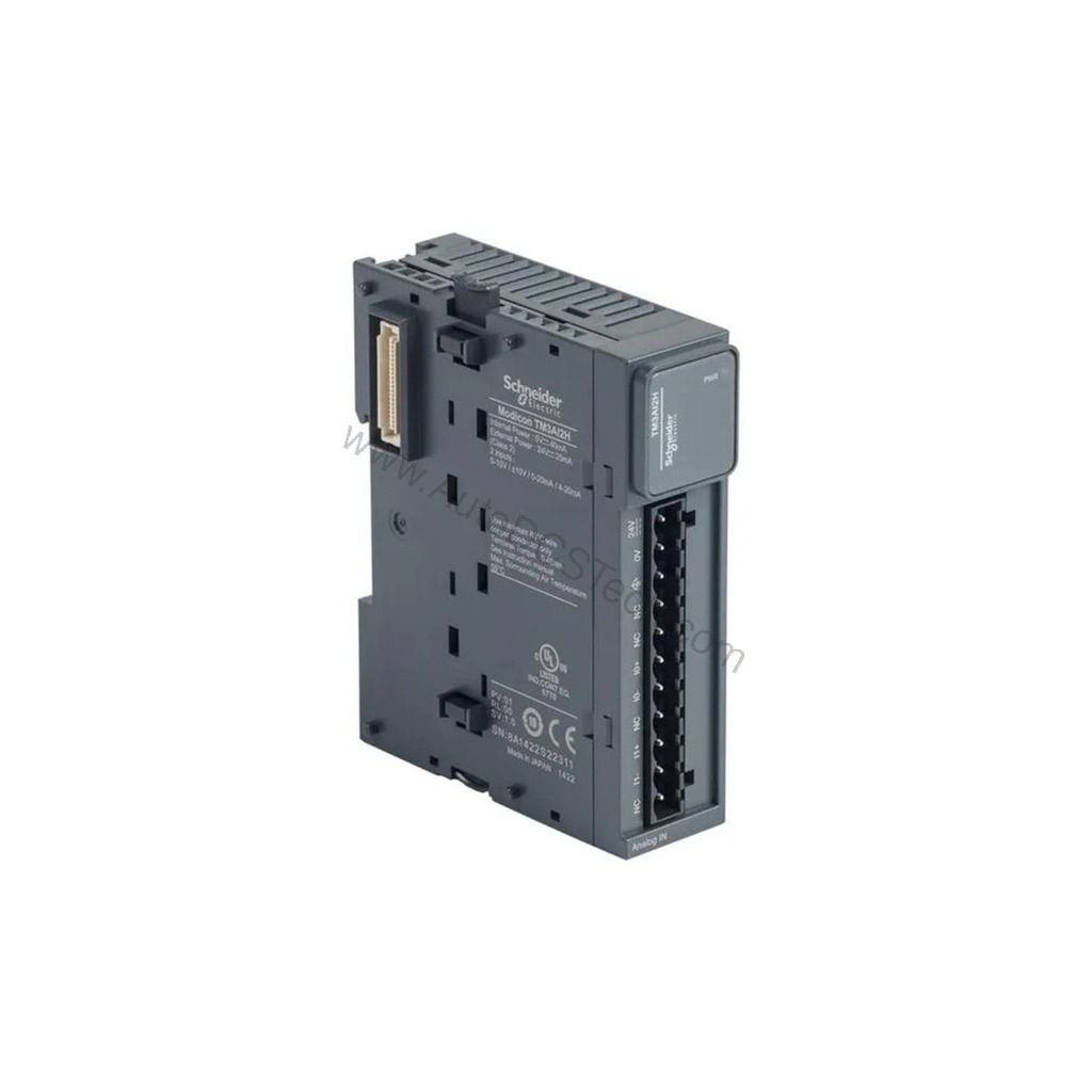 Figure 1: Front view of the Schneider Electric TM3AI2H industrial automation component showing its physical design and enclosure.