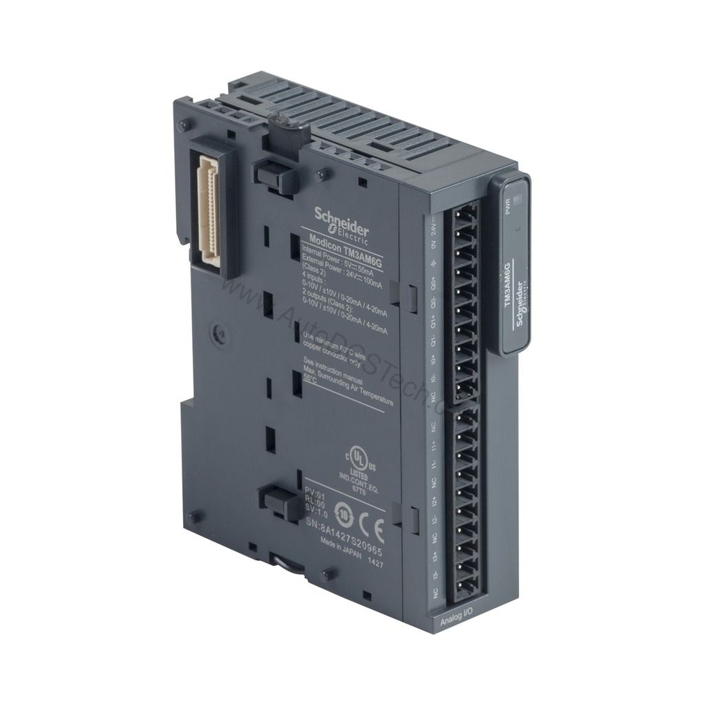 Figure 2: Technical layout and connection details for the Schneider Electric TM3AM6G industrial automation component.