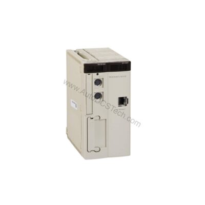 Figure 1: Front view of the Schneider Electric TSXP573634M industrial automation component showing its physical design and enclosure.