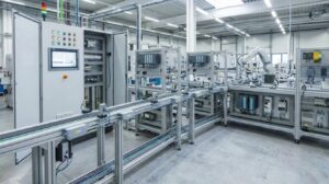 A modular automated production line with an open control cabinet, an operator display and a stack light, showing where an AI recommendation reaches a person