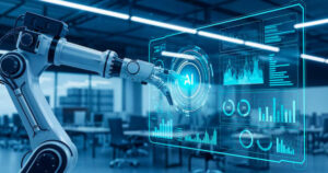 Industrial robot arm with an analytics dashboard, representing OT asset visibility under CISA 2030