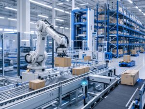 White industrial robot arm palletising cardboard boxes on a conveyor beside automated racking and a blue AGV