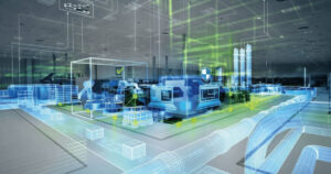 Digital-twin overlay showing CNC machining centers and robots inside a precision manufacturing cell