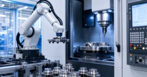 White robotic arm loading a machined part into a CNC machine, illustrating a light-duty servo axis