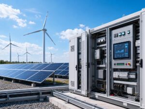 Solar panels and wind turbines beside an open substation control cabinet with a monitoring display